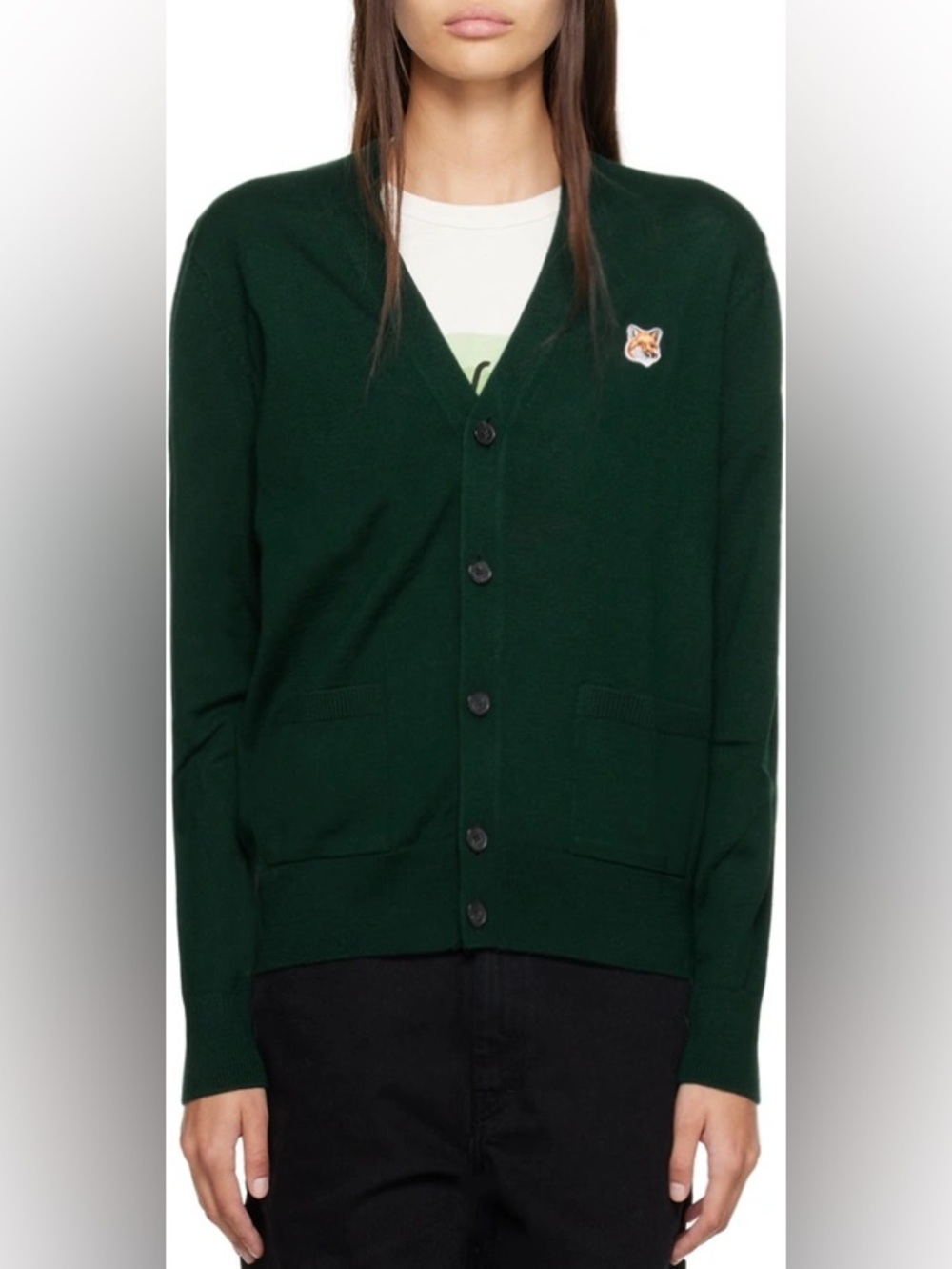 Maison Kitsuné Fox Head Patch 100% Wool Cardigan Green XS